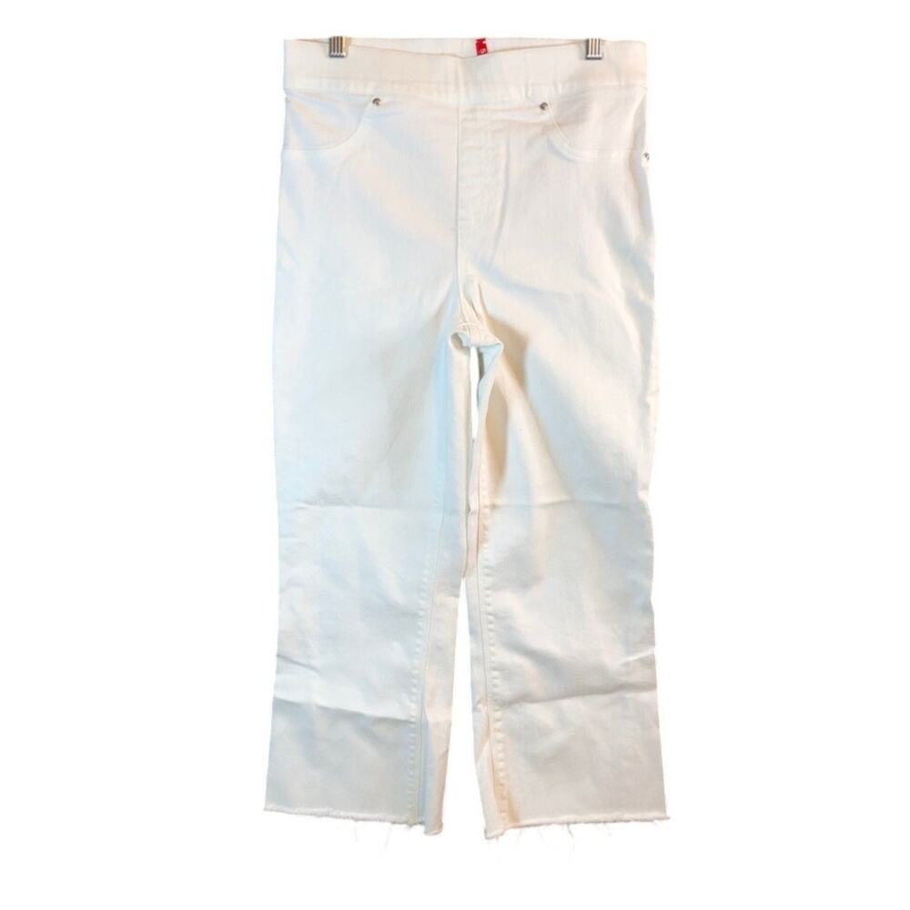 Spanx Womens Pants White Pull On High Rise Wide Cropped Raw Hems Stretch Medium